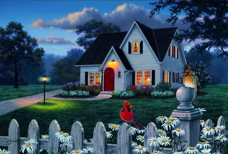 The houseguests, colroful, fence, pretty, house, grass, cottage, lantern, cabin, bonito, clouds, lights, cardinals, nice, painting, flowers, evening, night, lovely, greenery, birds, guests, park, sky, yard, daisies, summer, garden, HD wallpaper