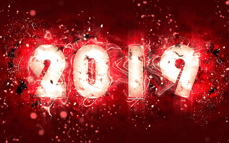 2019 year neon lights, abstract art, 2019 concepts, red background, creative, Happy New Year 2019, HD wallpaper