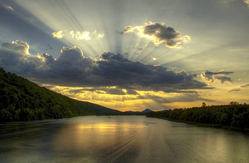 The sun behind the clouds, sunset, river, sun, clouds, HD wallpaper