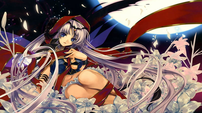 Full Moon Flower Girl Moon Full Moon Cape Hot Anime Girl Long Hair Blue Eyes Hd 9601