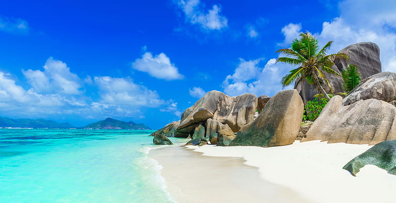 Tropical island, pretty, rocks, exotic, bonito, sky, palms, beach, paradise, summer, island, tropical, sands, HD wallpaper