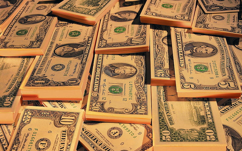 packs with 1 dollar bills, American dollars, mountain of money, finance concepts, business, HD wallpaper