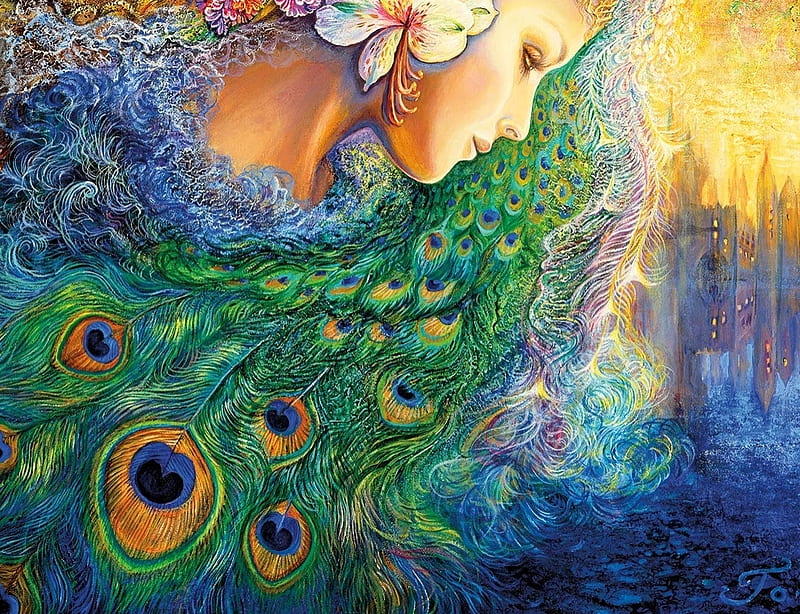 :), art, orange, tail, peacock, josephine wall, fantasy, green, girl, paun, feather, painting, face, pictura, fairy, blue, HD wallpaper
