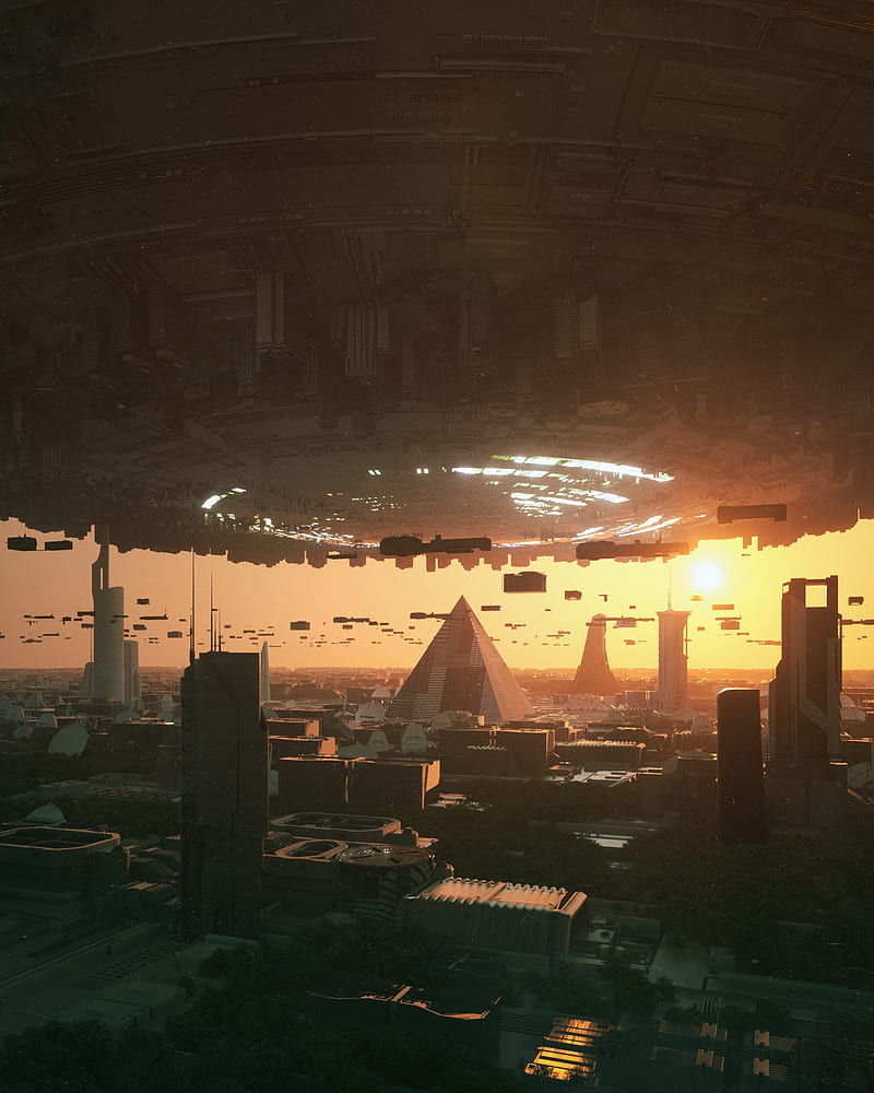 giant spaceship, cybercity, futuristic city, buildings, Sci-fi, HD phone wallpaper