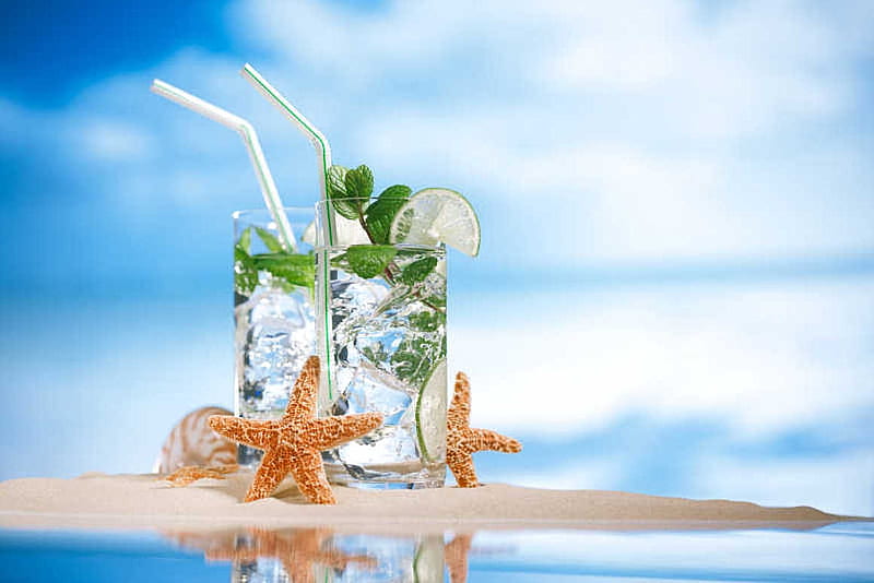 Cocktail mojito on beach, Starfish, beach, Mint, Line, HD wallpaper