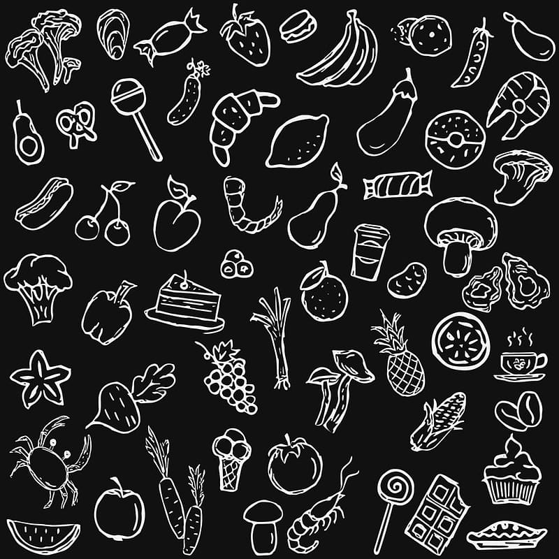 Vector set icons with foods. Doodle vector with foods icons on black background. Vintage food set icons, sweet elements background for your project, menu, cafe shop. 6823933 Vector Art at Vecteezy, HD phone wallpaper
