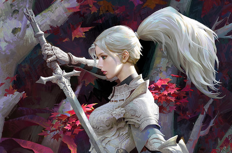 fantasy knight, woman, sword, profile view, armor, green eyes, silver hair, Fantasy, HD wallpaper