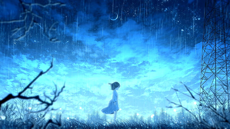lonely anime girl, raining, white dress, profile view, Anime, HD wallpaper