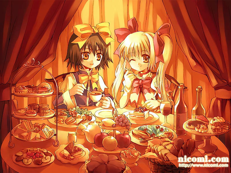 Holiday Feast, cake, bread, anime girls, dessert, fruit, yellow hair, anime, feast, black hair, holiday, wine, smiling, brown eyes, cookies, cupcakes, cute anime girls, eating, sandwiches, HD wallpaper