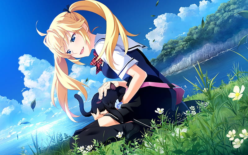 Matsushima Michiru, artwork, black cat, vovel, Grisaia No Kajitsu, HD wallpaper