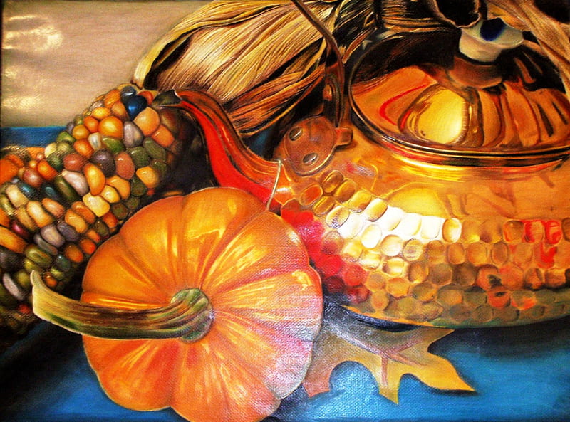 Autumn Teatime, maize, still life, leave, kettle, pumpkins, HD wallpaper