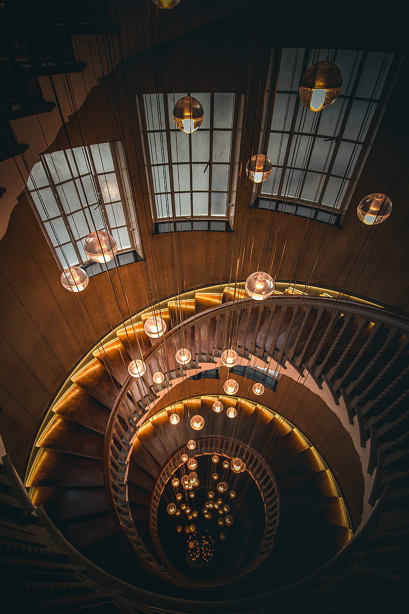 twirl stairs with chandeliers, HD phone wallpaper