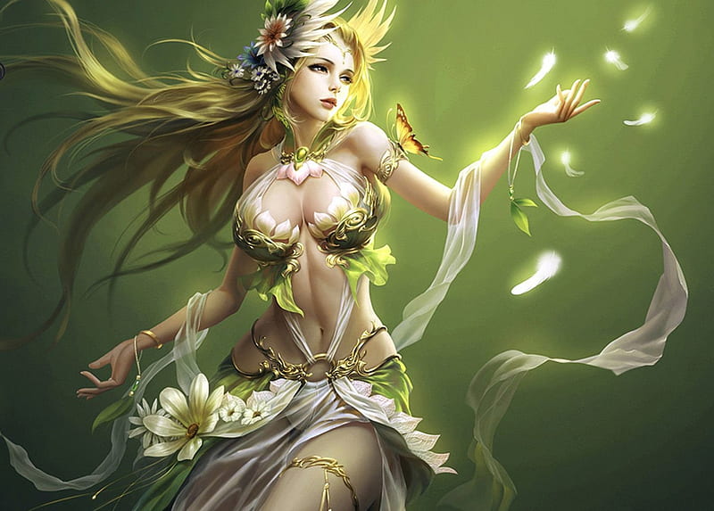 Spring Sorceress, butterfly, flowers, magic, woman, feathers, HD wallpaper