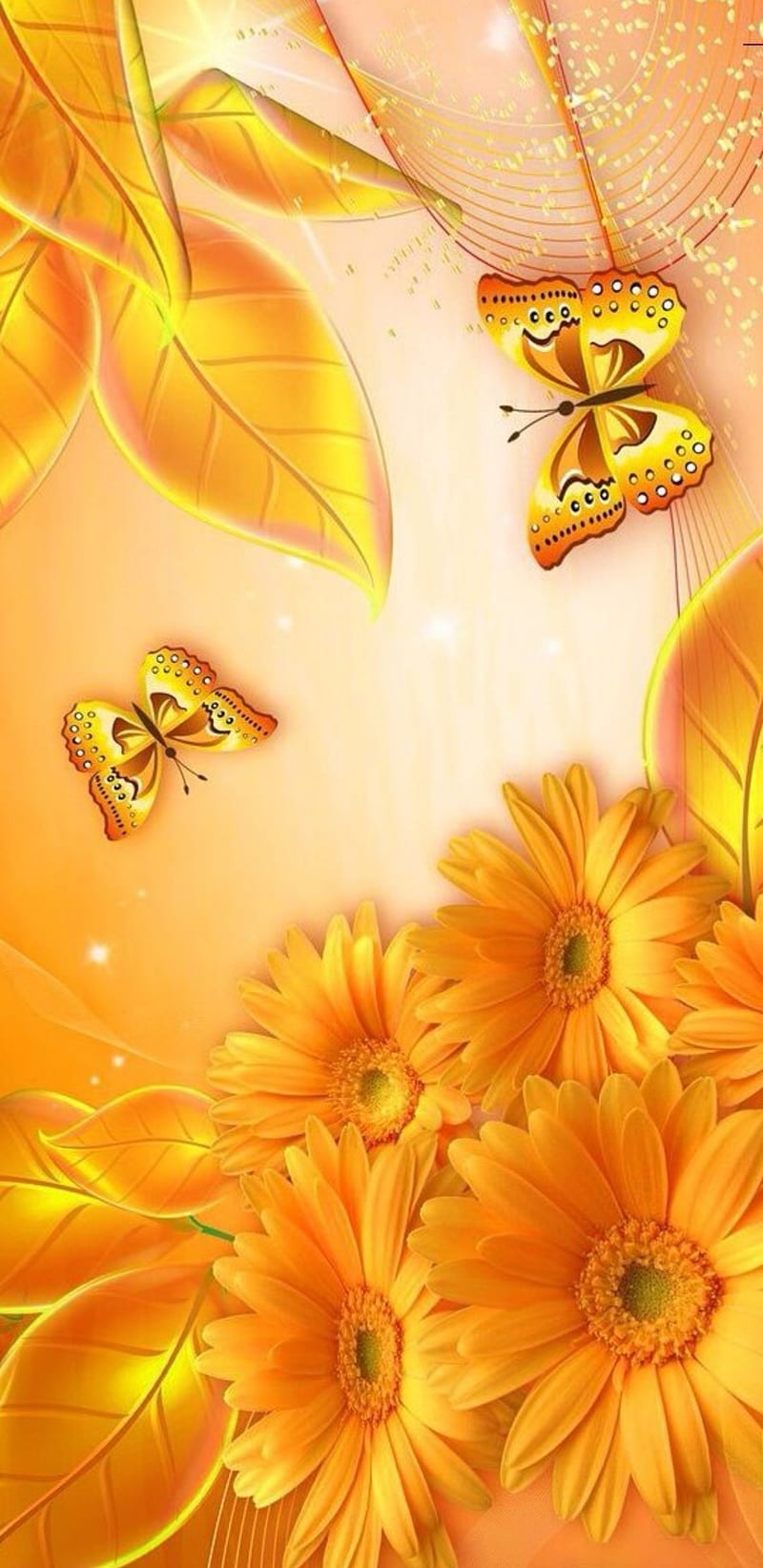 Golden Sunflower, butterflies, butterfly, floral, flower, gold, nature, sparkle, HD phone wallpaper