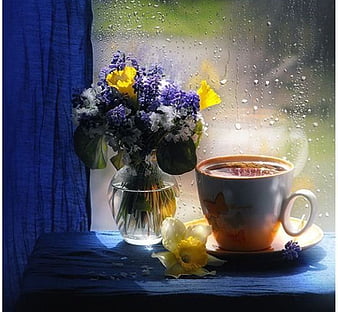 Coffee and flowers, coffee, still life, graphy, purple, beauty, flowers