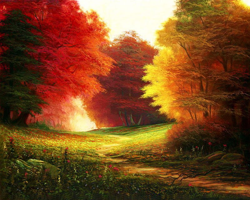 Fall Colors, autumn, leaves, painting, path, trees, artwork, landscape ...