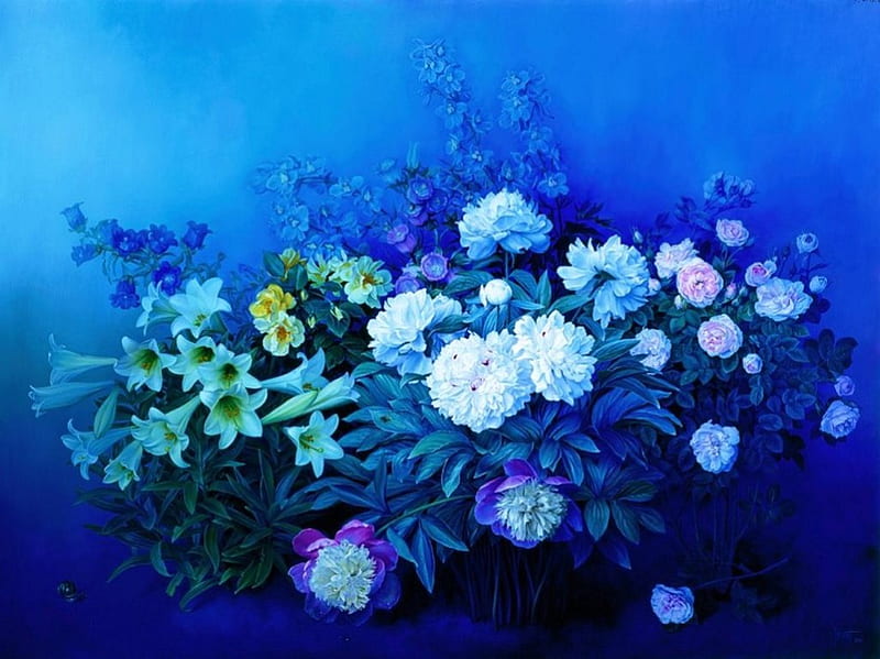 Spring Flowers, leaves, painting, blossoms, lilies, petals, artwork, peonies, HD wallpaper
