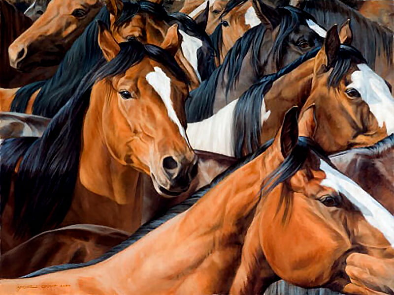 Gridlock - Horses F, art, corral, herd, equine, horse, artwork, painting, scenery, landscape, HD wallpaper