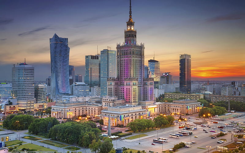 Warsaw, sunset, panorama, skyscrapers, R, Poland, HD wallpaper