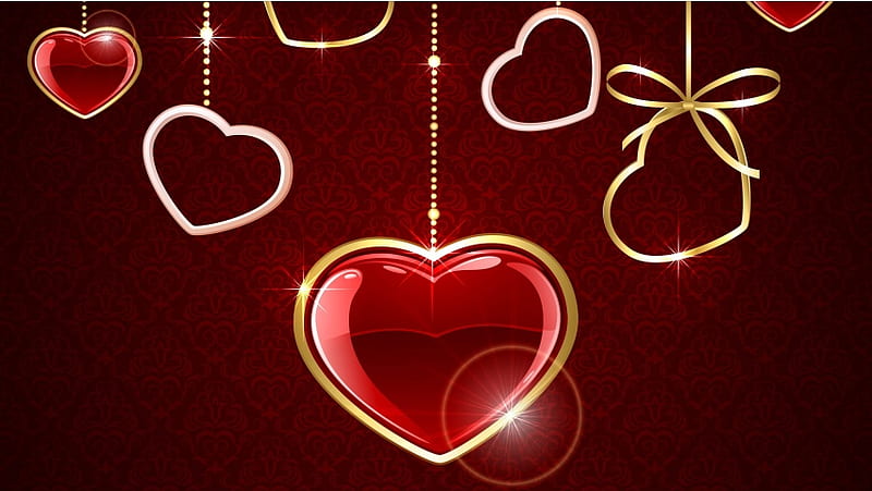 Valentines Hanging Shiny Hearts, HD wallpaper