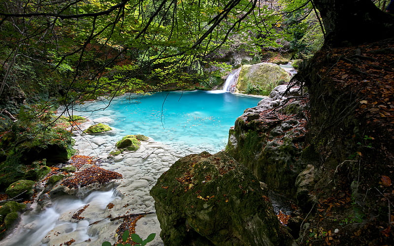 forest blue lake, white marble stones, forest, waterfall, lake, Navarra, Spain, HD wallpaper