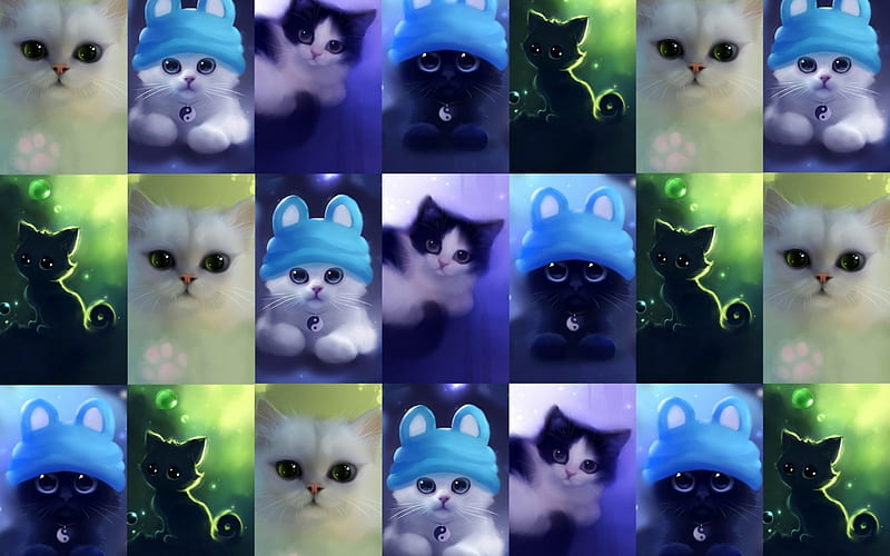 Cats collage, pattern, art, black, collage, cat, animal, cute, fantasy, green, apofiss, texture, blue, HD wallpaper