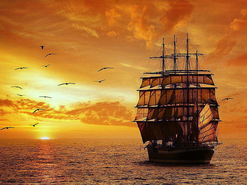 Sailing into the Sunset, sailing, sunset, tall, ship, HD wallpaper