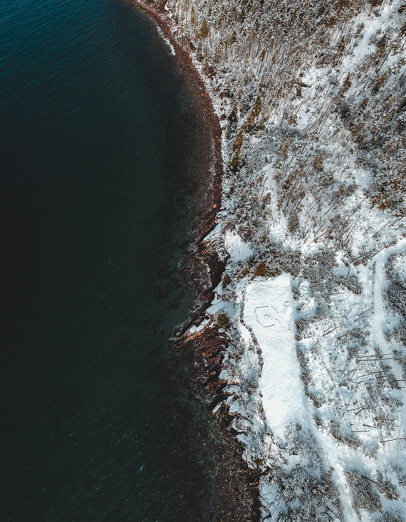sea, coast, aerial view, snow, winter, HD phone wallpaper