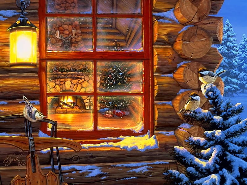 Rustic CHRISTMAS WINDOW, HOME, LIGHT, PORCH, LOG, RUSTIC, CHRISTMAS, HD wallpaper