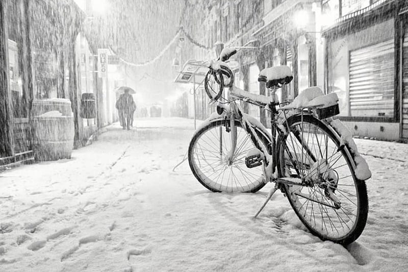A Cold Day, bike, snow, winter, cold, HD wallpaper