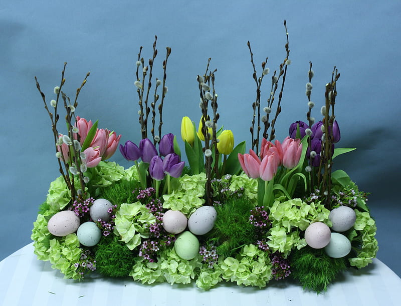 Easter garden, cute, arrangements, flower, eggs, garden, easter, small, HD wallpaper