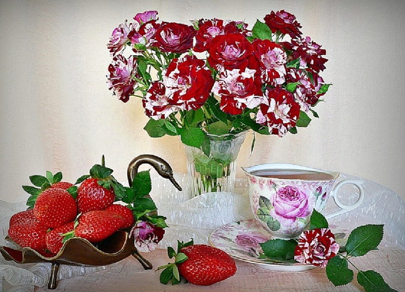 tea time, flowers & strawberries, strawberries, tea time, still life, flowers, HD wallpaper