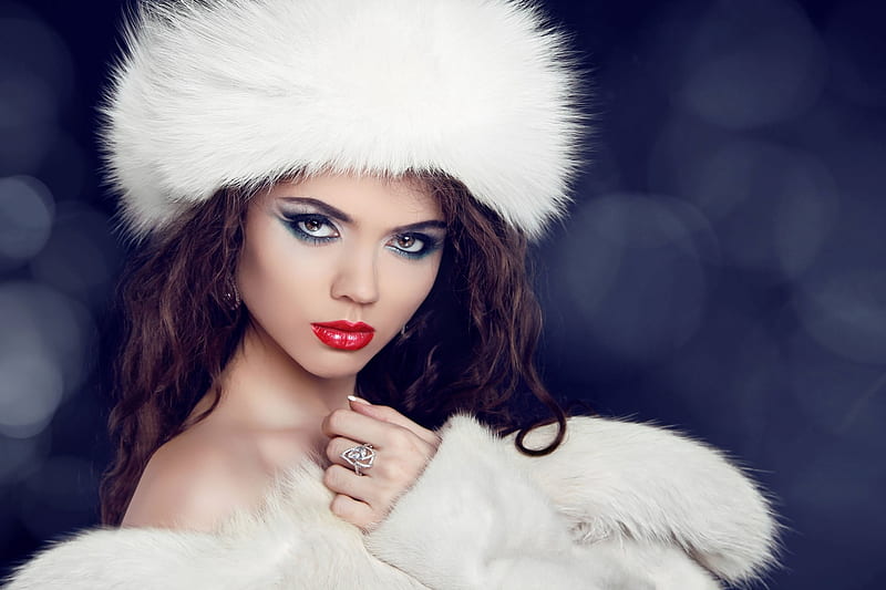 Beauty, model, woman, winter, hat, girl, face, white, fur, blue, HD wallpaper
