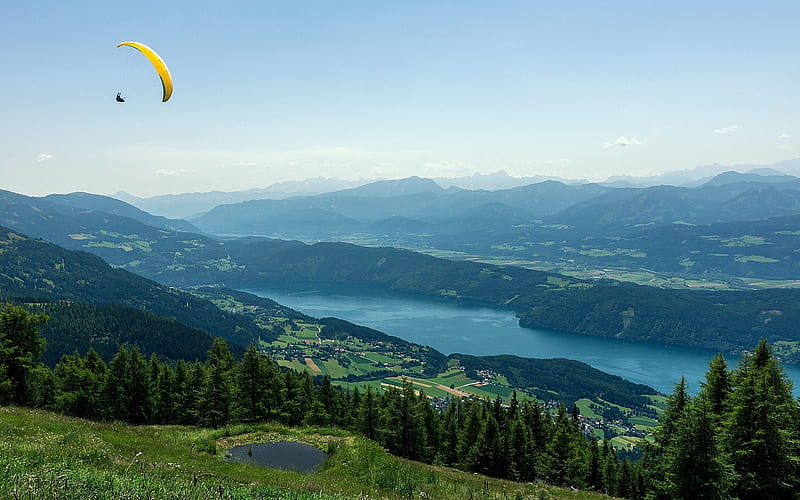 Paragliding in Carinthia, Austria, Austria, mountains, sky, lake, paraglider, HD wallpaper