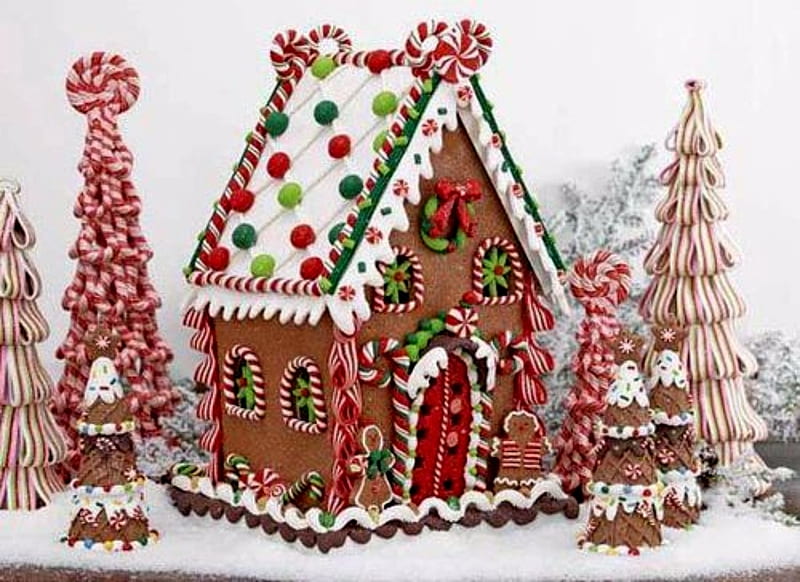 Gingerbread House And Trees, Brown, Trees, White, Candy, Gingerbread, House, HD wallpaper