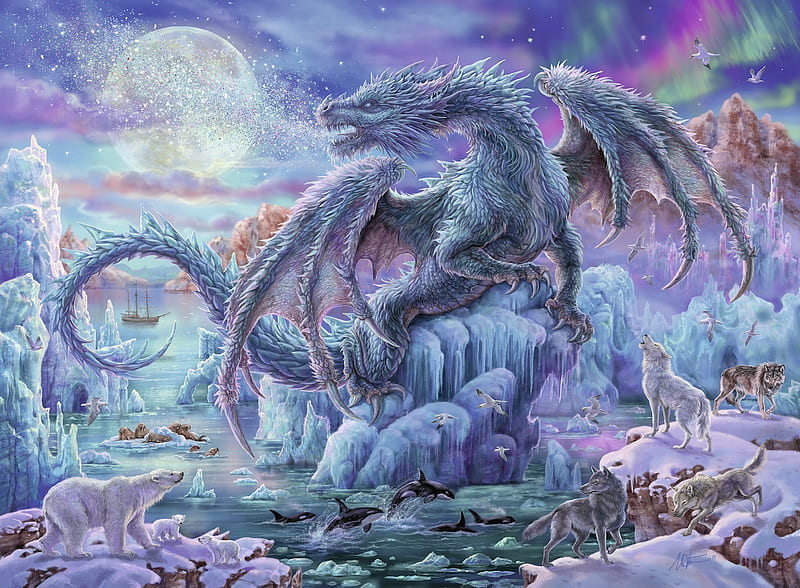 Ice dragon, fantasy, luminos, ice, pink, dragon, winter, blue, art, iarna, polar bear, HD wallpaper