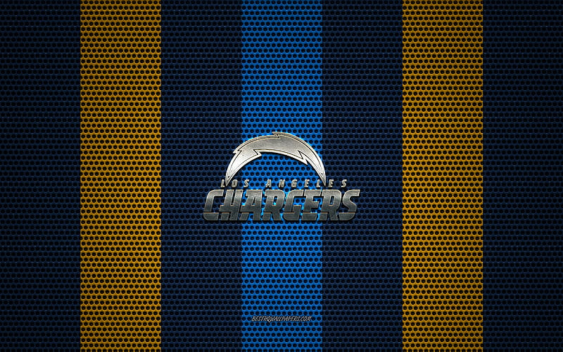 Los Angeles Chargers logo, American football club, metal emblem, yellow-blue metal mesh background, Los Angeles Chargers, NFL, Los Angeles, California, USA, american football, HD wallpaper