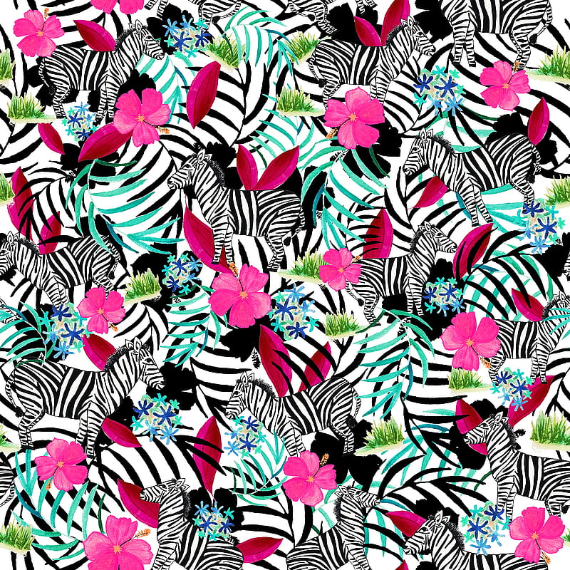 pattern, zebras, flowers, leaves, HD phone wallpaper