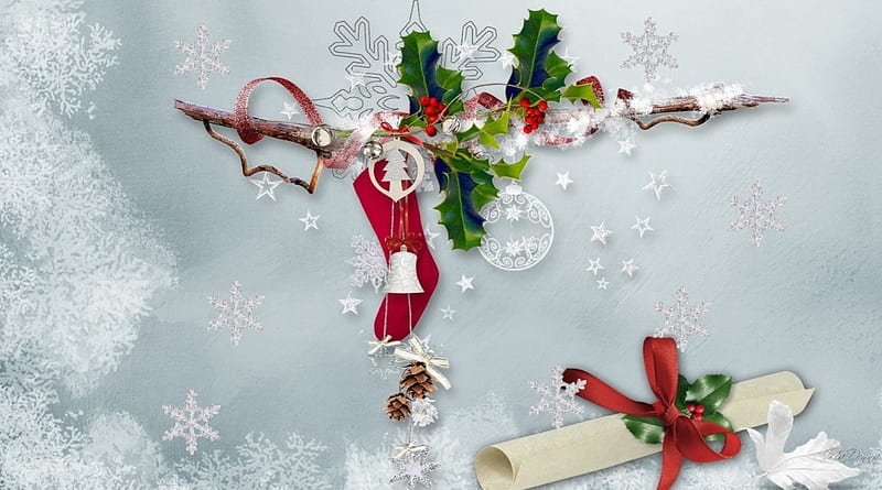 Beautiful Christmas Natural, pine cones, Christmas, stocking, snow, Feliz Navidad, list, ribbons, snow flakes, HD wallpaper