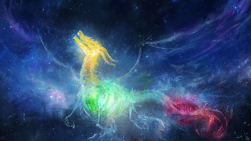 Dragon, yellow, blue, nebula, pink, fantasy, sky, celestial, HD wallpaper