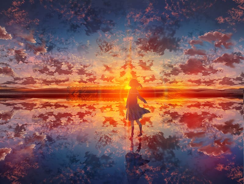 Anime, Water, Sunset, Reflection, Schoolgirl, Original, HD wallpaper ...