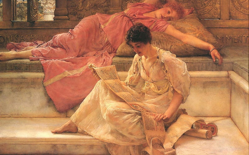 The favourite poet, art, poet, woman, girl, painting, lawrence alma tadema, pictura, pink, couple, HD wallpaper