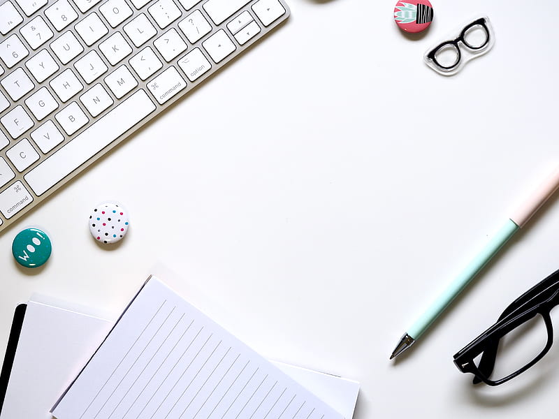 note paper, blue pen, and eyeglasses on white surface beside keyboard, HD wallpaper
