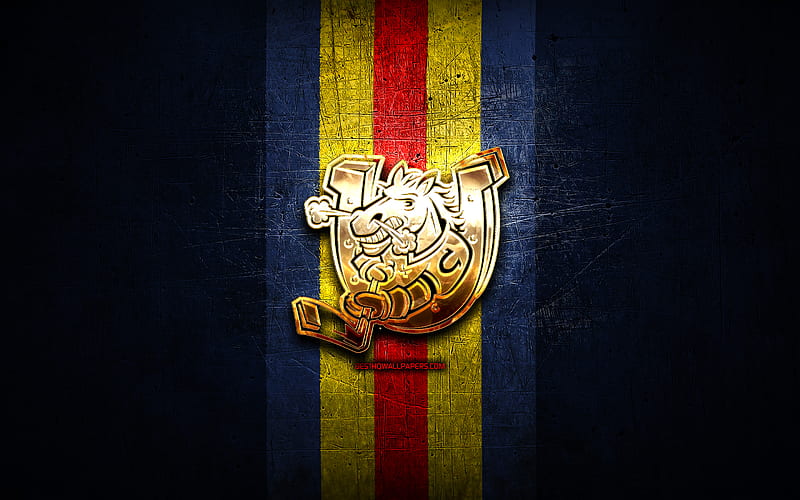 Barrie Colts, golden logo, OHL, blue metal background, canadian hockey team, Barrie Colts logo, hockey, Canada, HD wallpaper