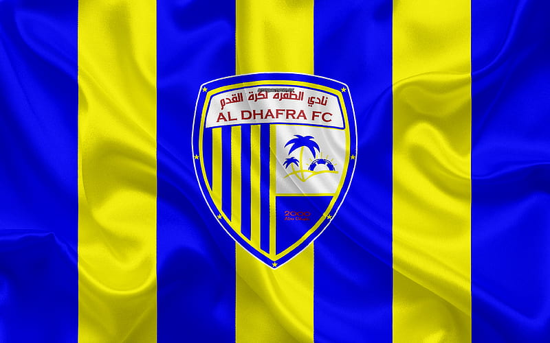Al Dhafra FC logo, blue yellow silk flag, emblem, silk texture, emirate football club, UAE League, Madinat Zayed, United Arab Emirates, football, HD wallpaper