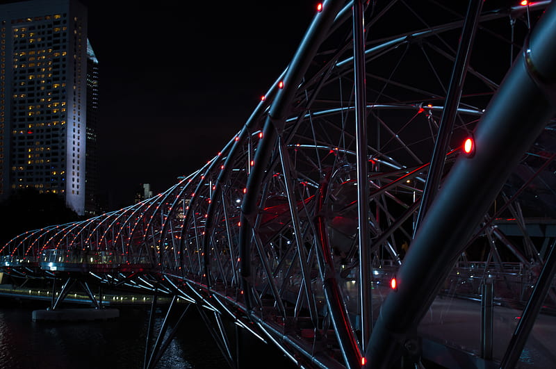 gray Helix Bridge with red lights at nighttime, HD wallpaper