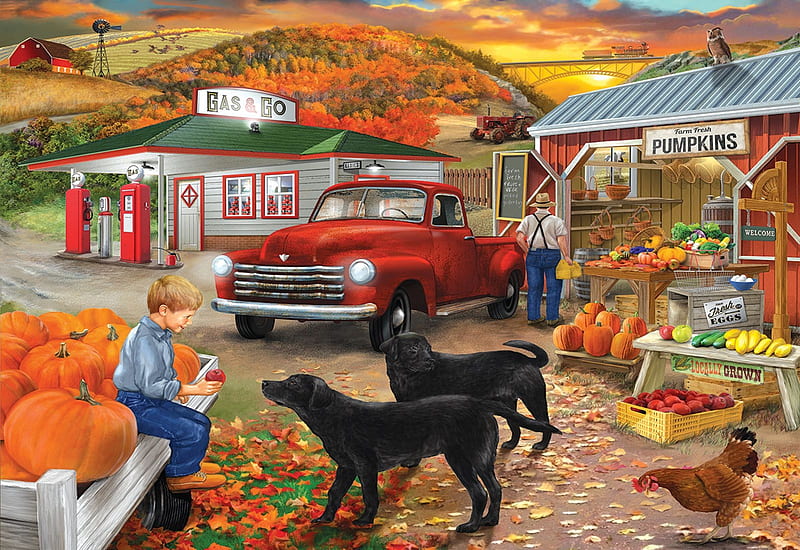 Roadside Stand, car, pumpkins, artwork, painting, store, dogs, HD wallpaper