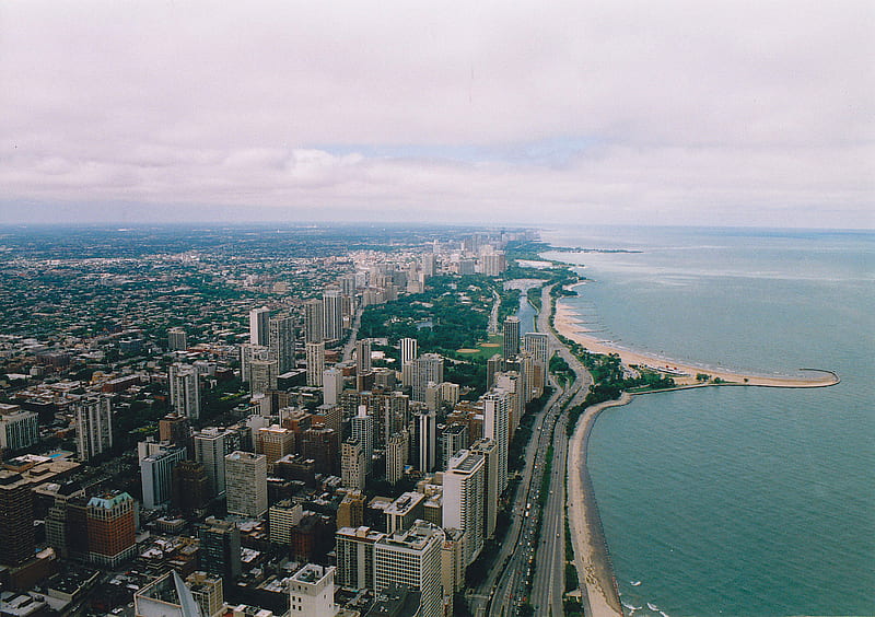 Chicago and Lake Michigan, beach, lake michigan, sears tower, chicago, HD wallpaper