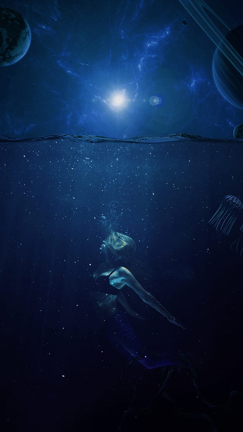 UnderSea, blue, girl, light, moon, ocean, sea, space, water, HD phone wallpaper