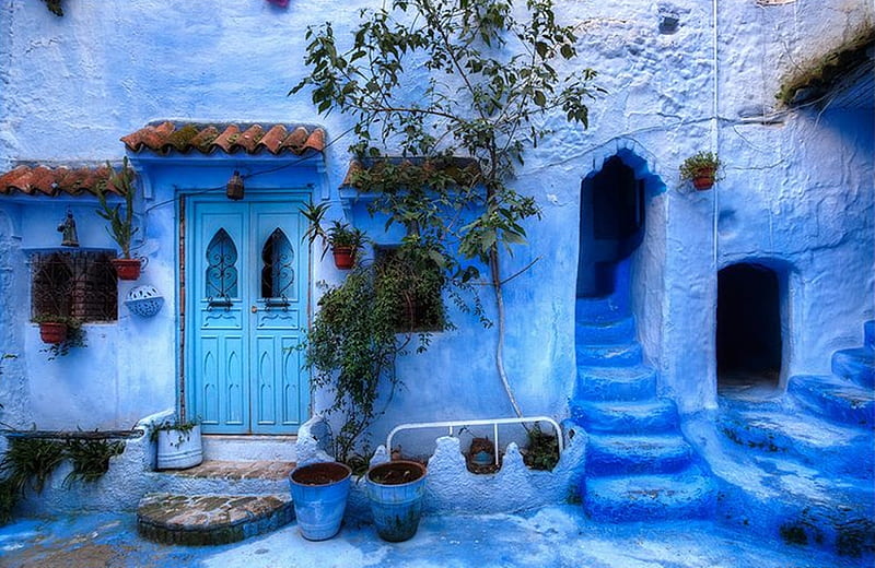The Doors, morocco, doors, blue, door, houses, HD wallpaper